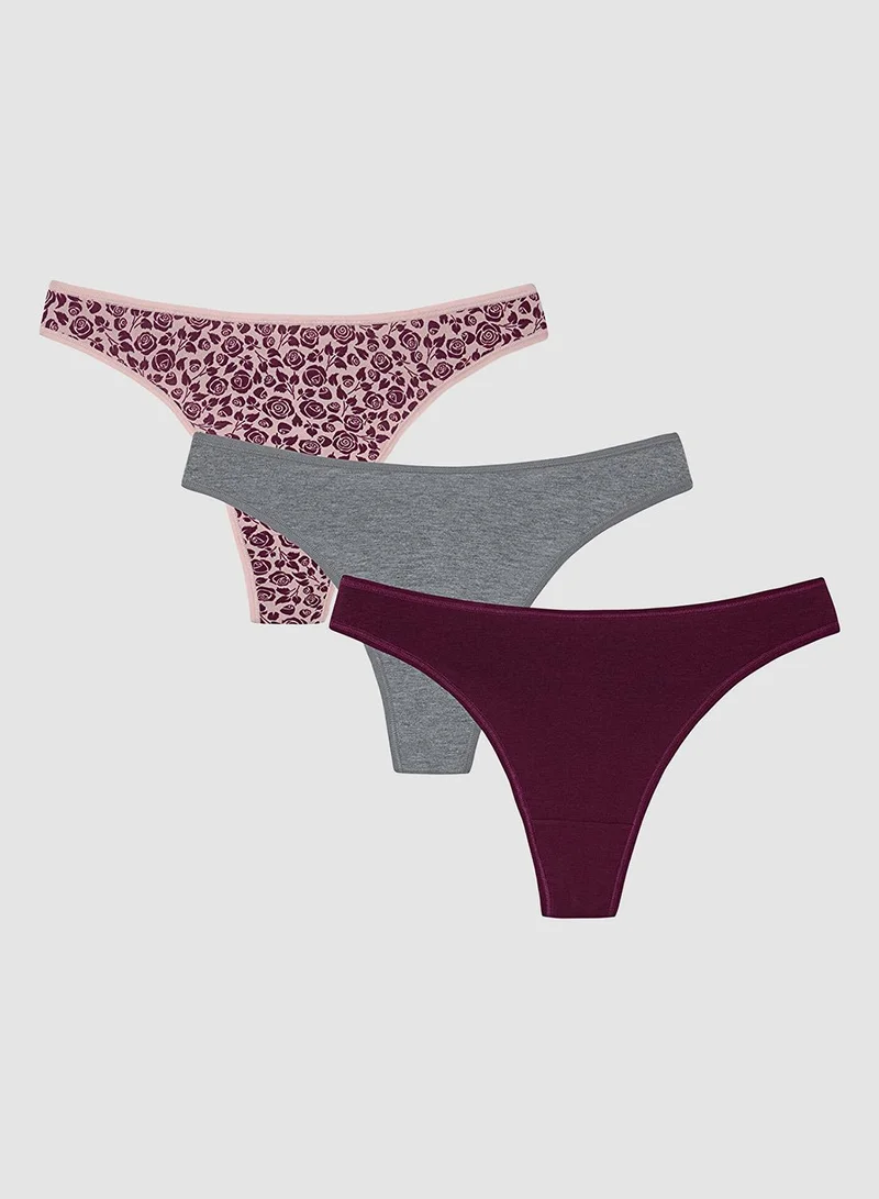 Penti Floral Patterned Quiet Rose Normal Waist 3-Pack Cotton Thong Panties